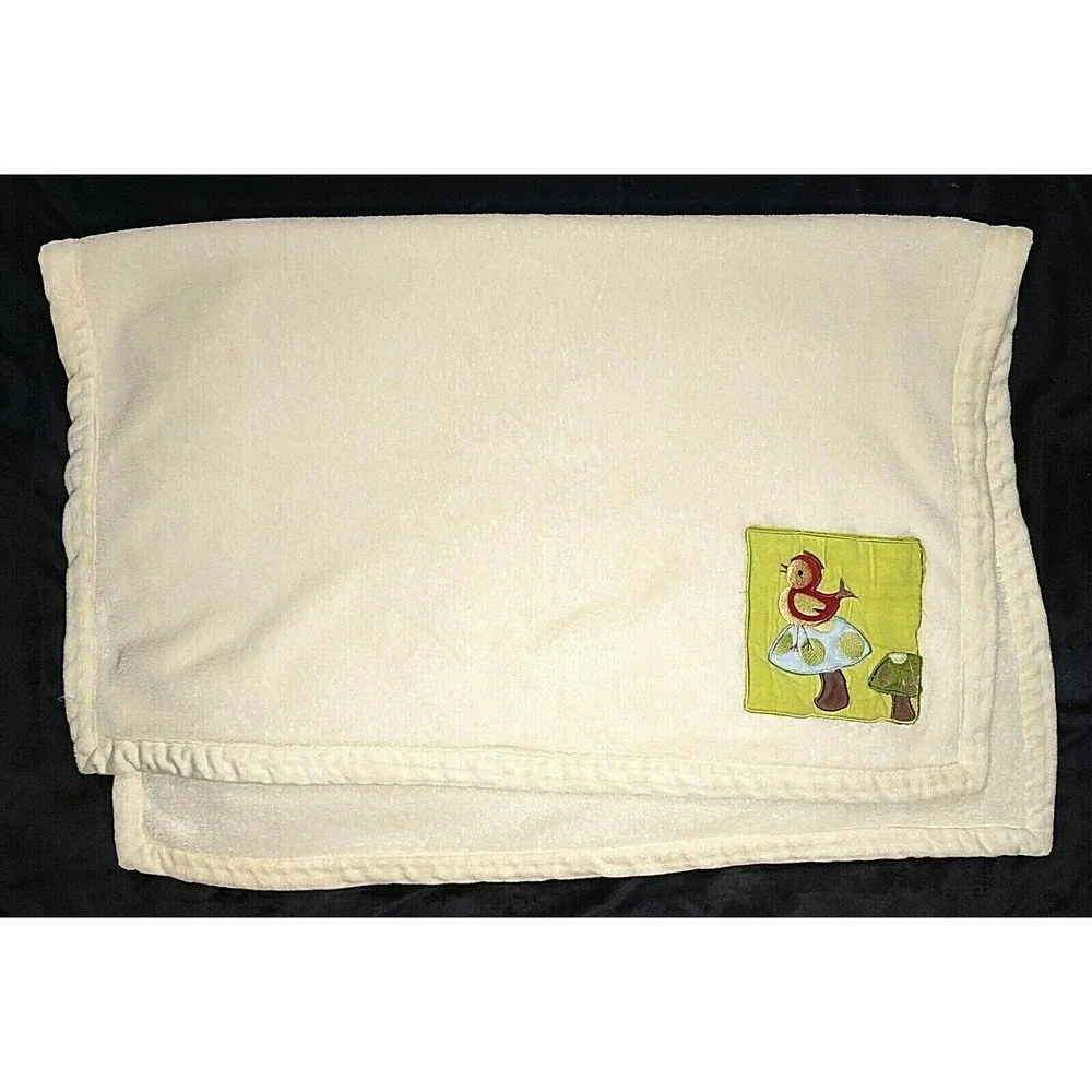 Lambs & Ivy Beige Off White Bird Mushroom htf Baby Blanket SOFT Lovey 30x40 EUC